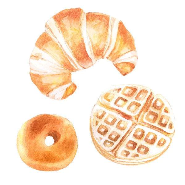 Akvarell illusztráció, pékáru, pékség és kávézó, — Stock Fotó