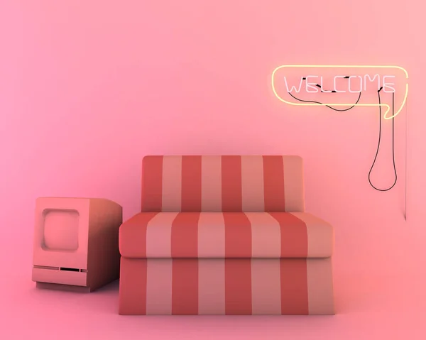 Neon light in living room, furniture of 3d render mockup. — Stock Photo, Image