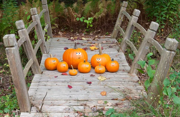 Zucche di Halloween su un ponte — Foto Stock