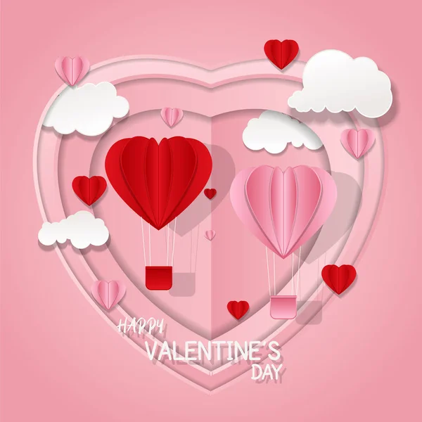 Valentijnsdag Achtergrond Met Hartvormige Hete Luchtballon Vliegen Door Wolken Romantische — Stockvector