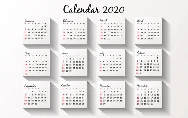 2020年日历向量设计模板 简洁明了的设计 组织和企业2020年日历 周日开始 — 图库矢量图片
