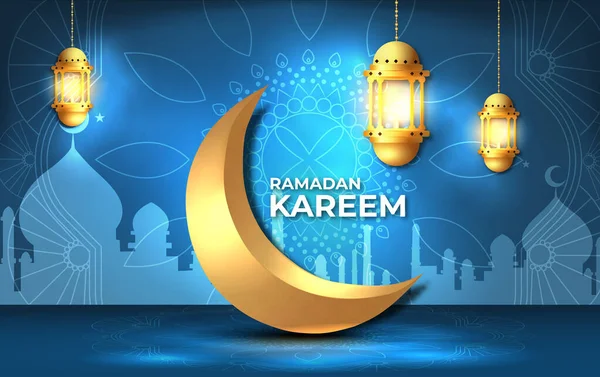 Ramadan Kareem Design Saluti Con Lanterna Fanoos Appeso Luna Crescente — Vettoriale Stock