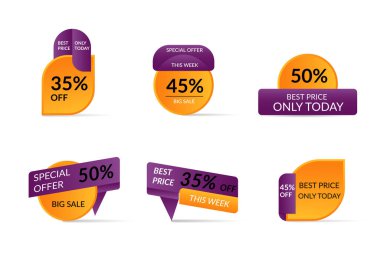 İndirim Koleksiyonu, web sitesi ve reklam afişleri. İndirimli etiket tasarımı, indirimli internet kuponları. Vektör tanıtım rozeti simgeleri. Fiyat etiketi