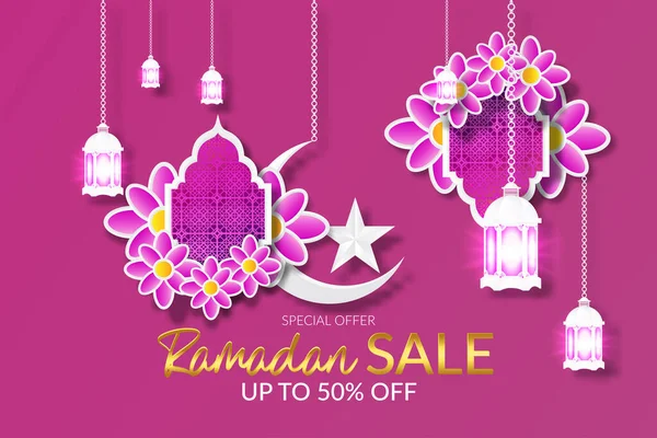 Ramadan Sale Islamic Sonderangebot Banner Design Mit Hängenden Laternen Und — Stockvektor