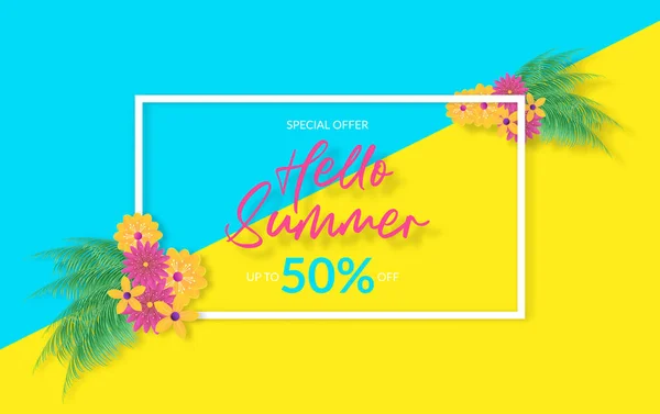 Banner Venta Verano Fondo Verano Con Hojas Palma Fondo Tropical — Vector de stock