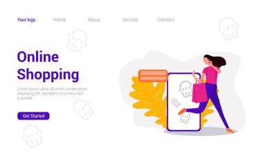 Online Alışveriş 'in iniş sayfası şablonu. Web sitesi ve mobil için düz tasarım konsepti. Vektör illüstrasyonu