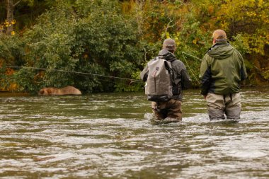 İnsanlar ve birlikte Brooks Nehri, Katmai Milli Parkı, Alaska Balık tutma ayılar