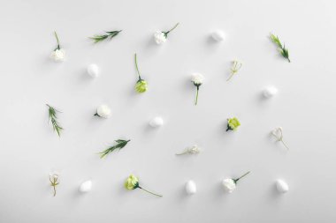 Beyaz arka planda bahar çiçekleri ve bitkiler. Çiçekler, yeşillik ve pamuk kapanıyor. Paskalya bayramı, kır tarzı botanik dekorasyonlar, çiçek sapları ve yeşil yapraklı ağaç dalları.