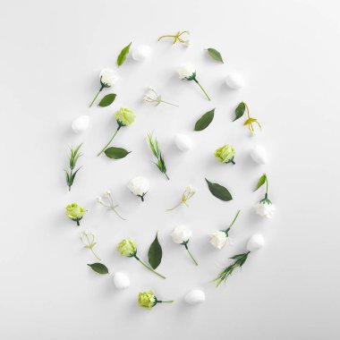 Beyaz arka planda bahar otları ve çiçekler oval şekilli kompozisyon. Çiçek açan tomurcuklar ve taze yeşil yapraklar, çimenler ve yapraklar yakın mesafede. Botanik elementlerle Paskalya bayramı kırsal tarzı dekorasyonu