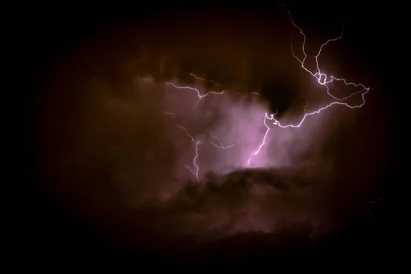 Éclairs Colorés Lors Orage Lors Une Chaude Journée Été — Photo