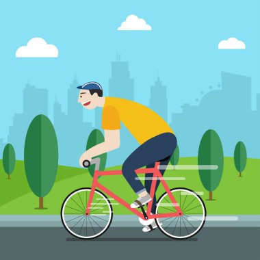 Tatildeyken ve işe giderken şehirde bisiklet sürmek. Vektör düz tasarımı