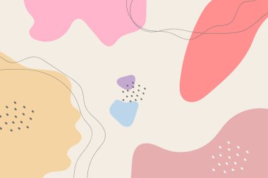 Sekiz soyut arka plan seti. Elle çizilmiş çeşitli şekiller ve karalama nesneleri. Çağdaş modern trend vektör çizimleri. Her arka plan izole edilmiş. Pastel renkler