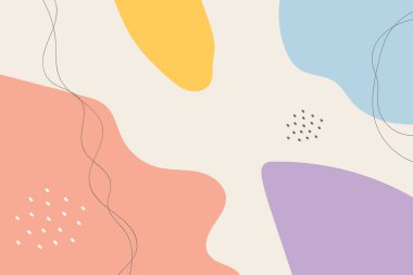 Sekiz soyut arka plan seti. Elle çizilmiş çeşitli şekiller ve karalama nesneleri. Çağdaş modern trend vektör çizimleri. Her arka plan izole edilmiş. Pastel renkler