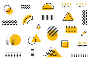 Evrensel yarım ton eğilimi, parlak sarı elementlerin bileşimiyle yan yana gelen geometrik şekilleri yönetir. Dergiler, broşürler, reklam panoları, satışlar için tasarım öğeleri. Vektör İllüstrasyonu