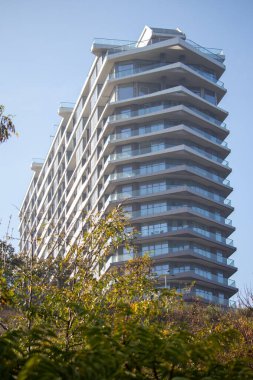 Deniz kıyısında bir park alanına inşa edilmiş ön camlı modern yüksek katlı bina.