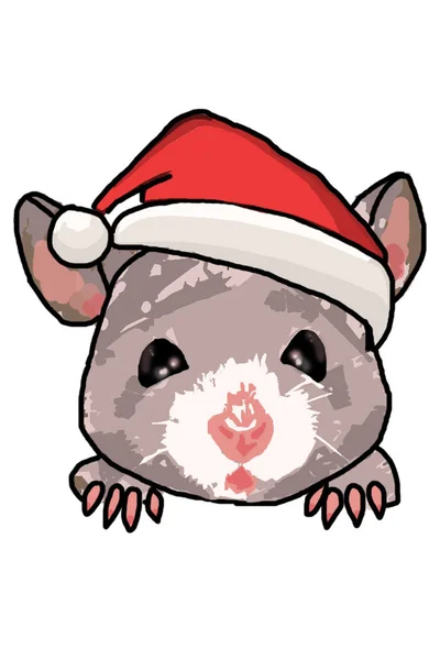 白い背景にクリスマスの帽子のマウスのイラスト — ストック写真
