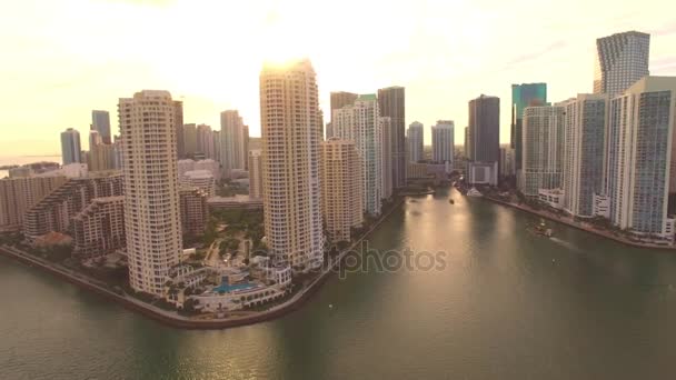 Vista aérea do pôr do sol Bayfront Park Downtown Miami — Vídeo de Stock