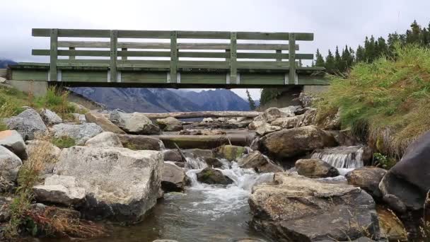 A bridge over a strem at Johnson Lake in the Canadian Rockies Banff Alberta Canada — Stock Video