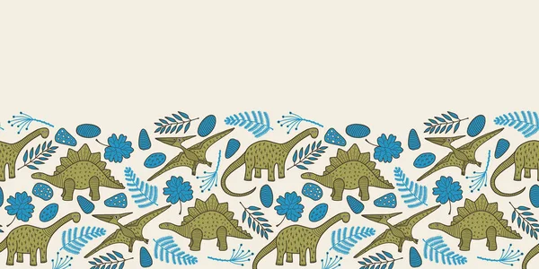 米色的天鹅绒边界 简单的涂鸦恐龙 叶子和岩石手绘成重复 很好的邀请函 孩子设计 — 图库矢量图片