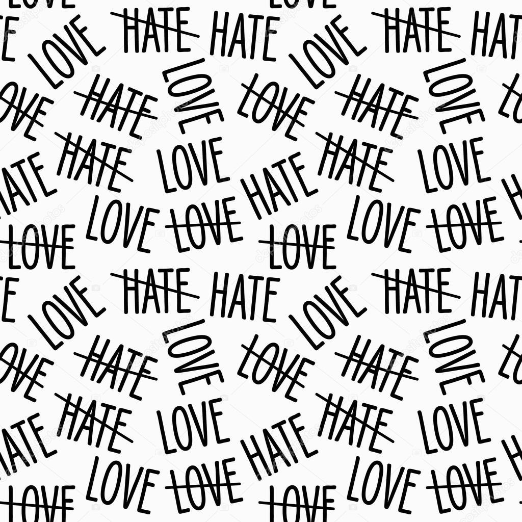 Vector seamless word pattern in white. Simple love hate words made into repeat. Great for background, wallpaper, wrapping paper, packaging, fashion.