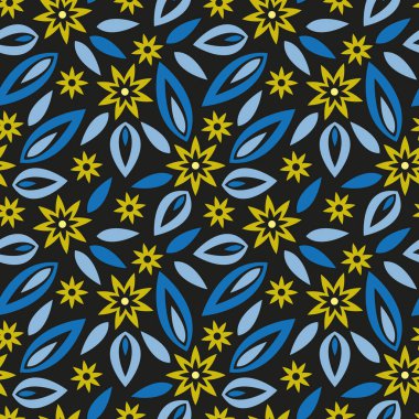 Siyahlı, kusursuz halk modeli. Basit çiçek ve yaprak şekli tekerrür ediyor. Arka plan, duvar kağıdı, ambalaj kağıdı, ambalaj, moda için harika..