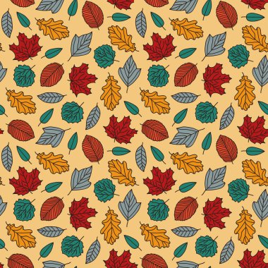 Vektör sonbahar turuncu renkte pürüzsüz bir desen bırakır. Basit karalama yaprakları tekrar tekrar çizilmiş. Arka plan, duvar kağıdı, ambalaj kağıdı, ambalaj, moda için harika..