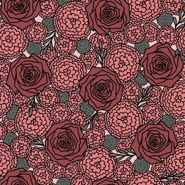Vektorflorales Dichtes Nahtloses Muster Rosa Einfache Doodle Rose Und Nelke — Stockvektor