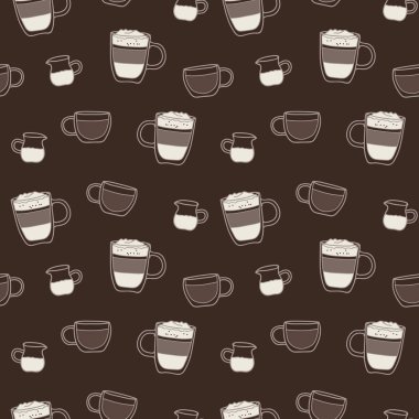 Kahverengi kahve desenli vektörsüz. Basit kahve fincanları ve süt tekerrür ediyor. Arka plan, duvar kağıdı, ambalaj kağıdı, ambalaj, moda, restoran, kafe için harika..
