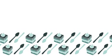 Kek ve kaşık şeklindeki vektör kalıpları yiyecek sınırını tekrarlıyor. Restoranlar, davetiyeler, menüler, posterler için harika..