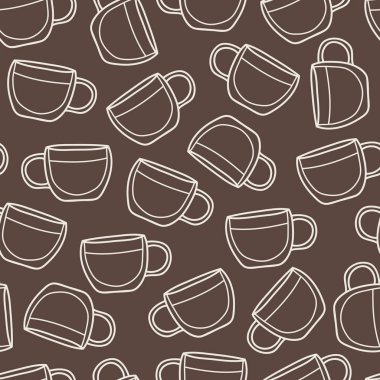 Kahverengi kahve desenli vektörsüz. Basit kahve fincanları tekrar tekrar yapılmış. Arka plan, duvar kağıdı, ambalaj kağıdı, ambalaj, moda, restoran, kafe için harika..