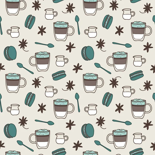 Векторный Бесшовный Кофе Бежевом Цвете Простые Чашки Кофе Молоко Сделанные — стоковый вектор