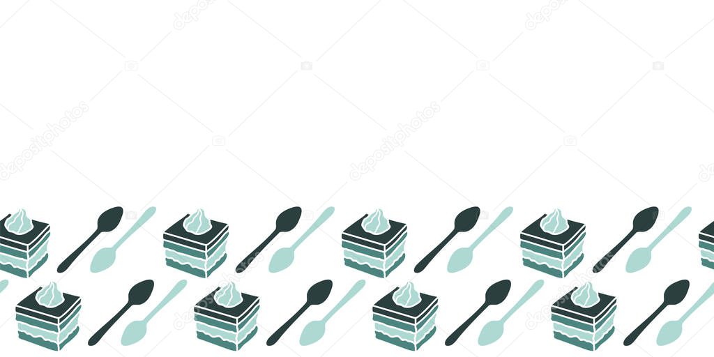 Vector cake and spoon shapes made into food repeat border. Great for restaurants, invitations, menu, posters.