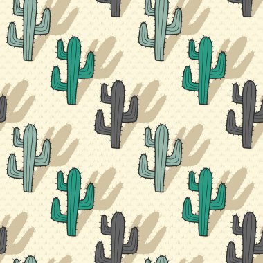 Bej renginde, vektör doğası kusursuz desen. Gölge elli basit bir kaktüs, tekrar tekrar çizilmiş. Arka plan, duvar kağıdı, ambalaj kağıdı, ambalaj, moda için harika..