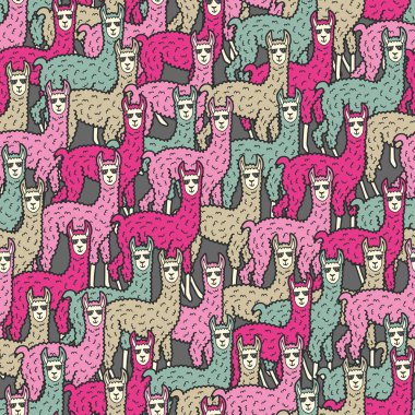 Vektör lama, pembe ve bej desenli. Lama 'nın basit el çizimi sürüsü. Yoğun bir şekilde tekrar ediliyor. Arka plan, duvar kağıdı, ambalaj kağıdı, ambalaj, moda için harika..