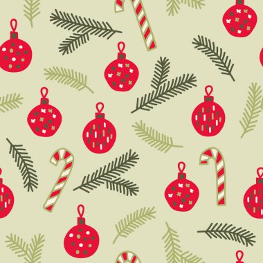 Yeşil ve kırmızı renklerde kusursuz noel deseni. Basit bir karalama mücevheri ve dal tekrarı. Arka plan, duvar kağıdı, ambalaj kağıdı, ambalaj için harika..