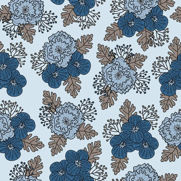 Patrón Floral Vectorial Azul Gris Pansy Simple Ramos Peonía Mano — Vector de stock