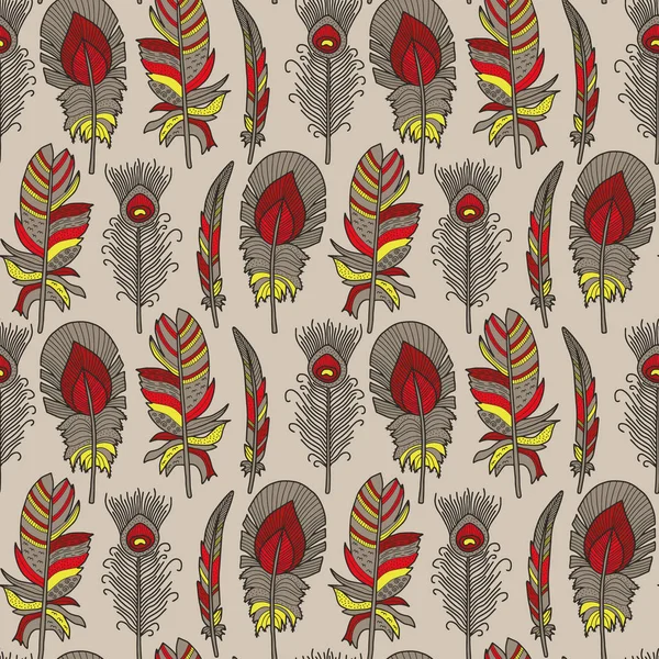 Patrón Plumas Vectoriales Gris Rojo Amarillo Simple Colorido Penacho Dibujado — Vector de stock