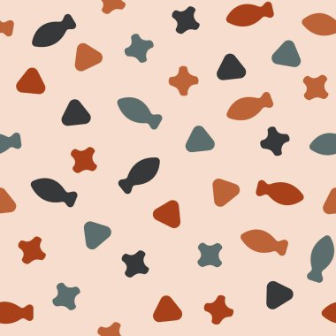 Turuncu ve gri renklerde kusursuz kedi maması deseni. Basit soyut karalama mamasının tekrarı. Arka plan, duvar kağıdı, ambalaj kağıdı, ambalaj, moda için harika..