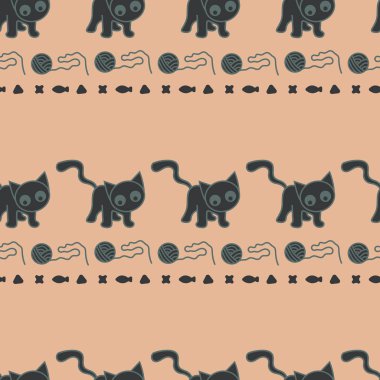 Gri ve turuncu renklerde kusursuz yatay kedi deseni. Basit soyut karalama kedi, mama ve top tekerrür ediyor. Arka plan, duvar kağıdı, ambalaj kağıdı, ambalaj, moda için harika..