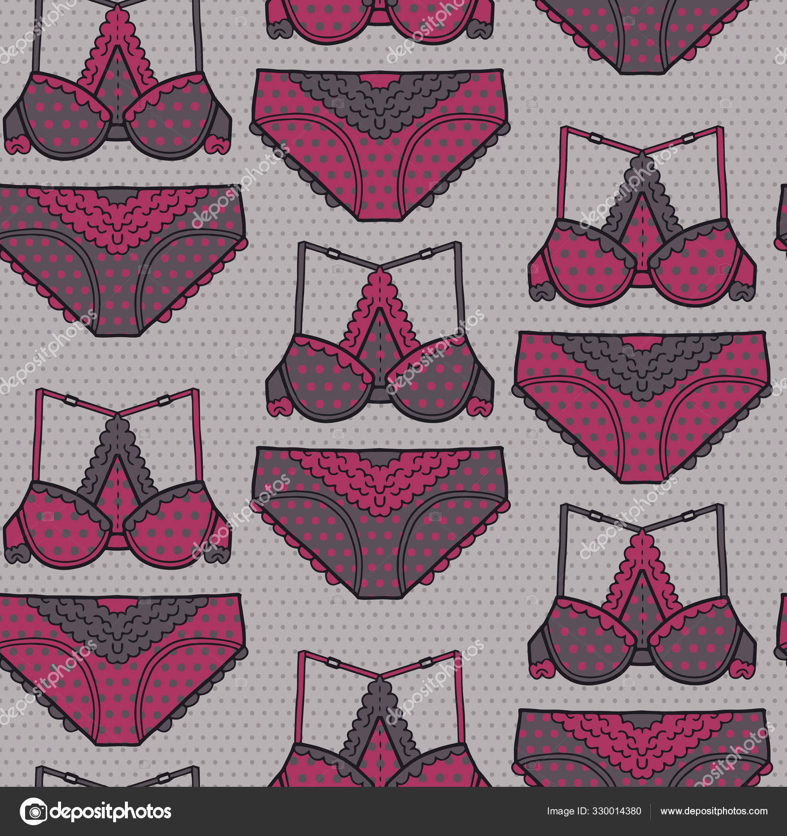 Vector Lingerie Pattern Pink Grey Simple Outline Bra Panties Set