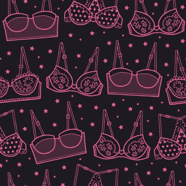 Vector iç çamaşırı deseni pembe ve siyah. Basit dış hatlı sütyen çizimi tekrarlanıyor. Arka plan, duvar kağıdı, ambalaj kağıdı, ambalaj, moda için harika..