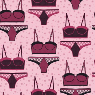 Pembe ve siyah iç çamaşırı desenli vektör. Basit bir taslak sütyen ve külot. El çizimi ve tekrar. Arka plan, duvar kağıdı, ambalaj kağıdı, ambalaj, moda için harika..