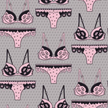 Pembe ve gri iç çamaşırı desenli vektör. Basit bir taslak sütyen ve külot. El çizimi ve tekrar. Arka plan, duvar kağıdı, ambalaj kağıdı, ambalaj, moda için harika..