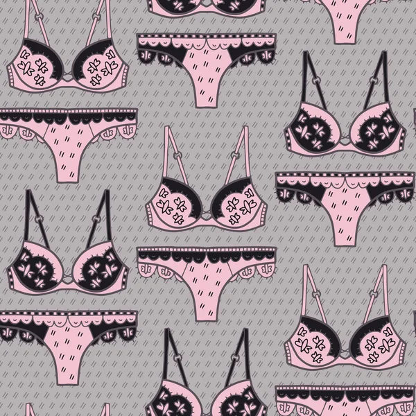 Vector Lingerie Pattern Pink Grey Simple Outline Bra Panties Set — Stock Vector