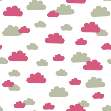 Pembe ve yeşil olarak vektör gökyüzü deseni. Basit karalama bulutları tekrar oluşturuldu. Arka plan, duvar kağıdı, ambalaj kağıdı, ambalaj, moda için harika..