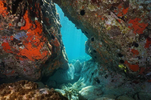 A passage below rocks underwater Mediterranean sea