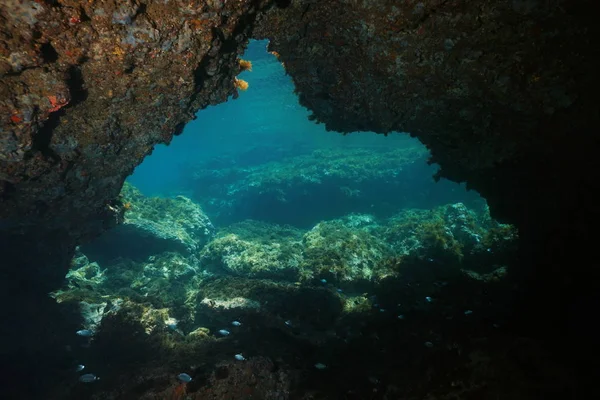 Underwater a passage below rocks Mediterranean sea