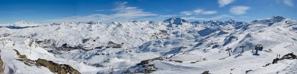 Val thorens les menuires aiguille peclet panorama glaciar vista pôr-do-sol nevado montanha paisagem França alpes — Fotografia de Stock