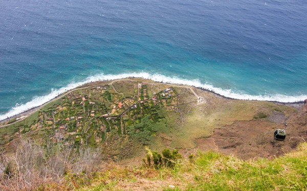 Aerial view madeira portugal achadas da cruz agriculture area near the sea waves — 图库照片