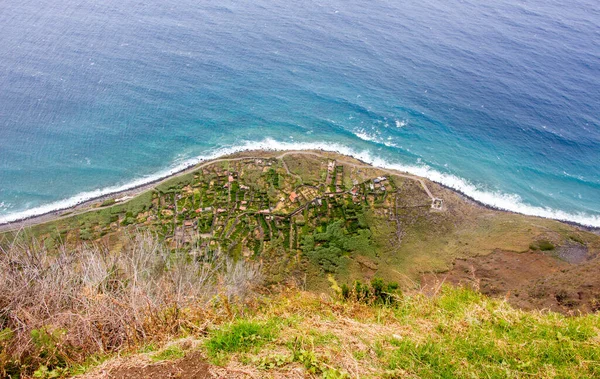 Aerial view madeira portugal achadas da cruz agriculture area near the sea waves — 图库照片